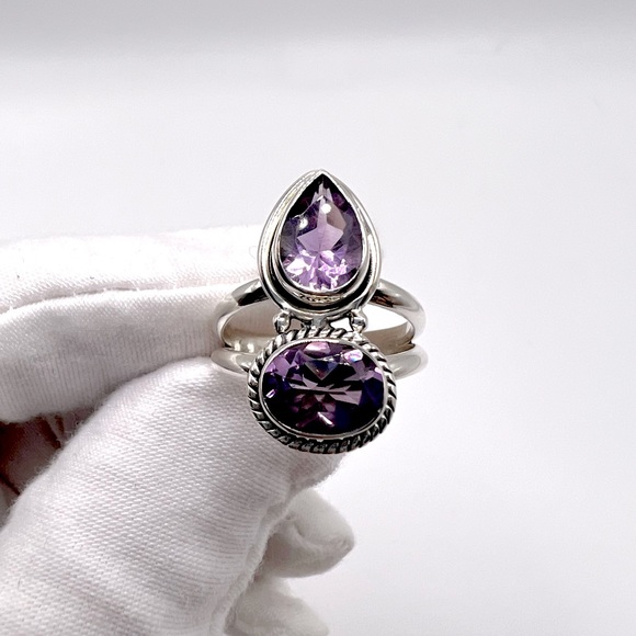 Genuine Faceted Amethyst Oval & Tear Drop .925 Sterling Silver Ring - Picture 3 of 17